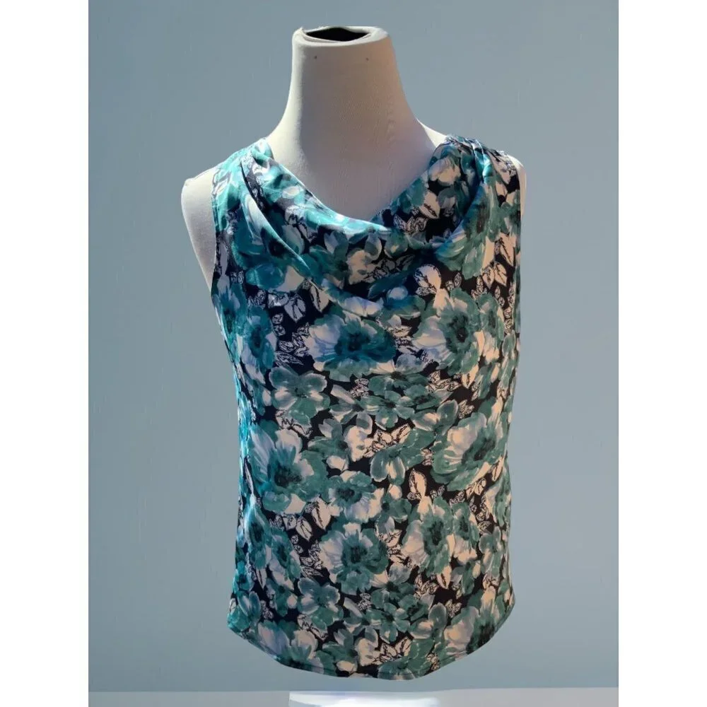 Ann Taylor Loft petite turquoise sleeveless cowl neck floral spandex blouse PS - Picture 6 of 10